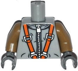 Display of LEGO part no. 973pb1788c01 Torso Spacesuit with Silver Zipper and Orange Harness Pattern / Dark Tan Arms / Dark Bluish Gray Hands  which is a Light Bluish Gray Torso Spacesuit with Silver Zipper and Orange Harness Pattern / Dark Tan Arms / Dark Bluish Gray Hands 