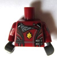 Display of LEGO part no. 973pb1818c01 which is a Dark Red Torso Jacket with Dark Bluish Gray Collar, Silver Side Clasps and Gold Badge Pattern (Rocket) / Arms Printed / Dark Bluish Gray Hands 