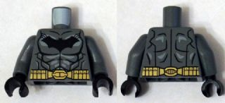 Display of LEGO part no. 973pb1839c01 Torso Batman Logo with Muscles, Light Bluish Gray Shadow and Gold Belt Pattern / Arms / Black Hands  which is a Dark Bluish Gray Torso Batman Logo with Muscles, Light Bluish Gray Shadow and Gold Belt Pattern / Arms / Black Hands 