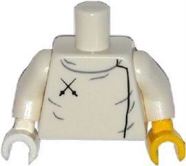 Display of LEGO part no. 973pb1846c01 Torso Fencing Plastron with 2 Black Crossed Swords Pattern / Arms / Yellow Hand Left / Hand Right  which is a White Torso Fencing Plastron with 2 Black Crossed Swords Pattern / Arms / Yellow Hand Left / Hand Right 