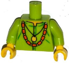 Display of LEGO part no. 973pb1874c01 Torso Shirt with Gold Pendant and Orange Bead Necklace Pattern / Arms / Yellow Hands  which is a Lime Torso Shirt with Gold Pendant and Orange Bead Necklace Pattern / Arms / Yellow Hands 