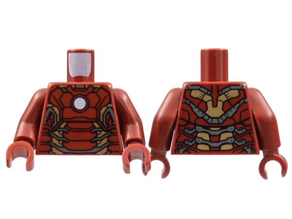 Display of LEGO part no. 973pb1937c01 Torso Armor with White Circle and Gold Plates (Mark 43) Pattern / Arms / Hands  which is a Dark Red Torso Armor with White Circle and Gold Plates (Mark 43) Pattern / Arms / Hands 