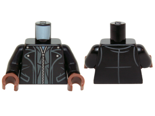 Display of LEGO part no. 973pb1970c01 Torso Leather Trench Coat with Collar and Pockets and Silver Zipper Pattern / Arms / Reddish Brown Hands  which is a Black Torso Leather Trench Coat with Collar and Pockets and Silver Zipper Pattern / Arms / Reddish Brown Hands 