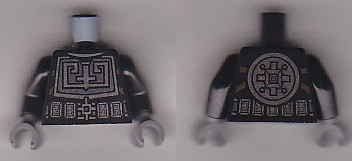 Display of LEGO part no. 973pb1986c01 which is a Black Torso Ninjago Silver Breastplate, Belt and Circle Emblem on Reverse Pattern / Arms / Dark Bluish Gray Hands 