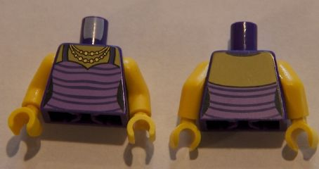 Display of LEGO part no. 973pb2024c01 Torso Female Top with Stripes and Gold Necklace Pattern / Yellow Arms / Yellow Hands  which is a Dark Purple Torso Female Top with Stripes and Gold Necklace Pattern / Yellow Arms / Yellow Hands 