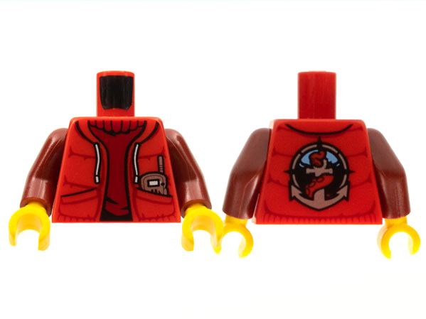 Display of LEGO part no. 973pb2061c01 Torso Jacket with Pockets and Radio over Dark Sweater, Deep Sea Logo on Back Pattern / Dark Arms / Yellow Hands  which is a Red Torso Jacket with Pockets and Radio over Dark Sweater, Deep Sea Logo on Back Pattern / Dark Arms / Yellow Hands 