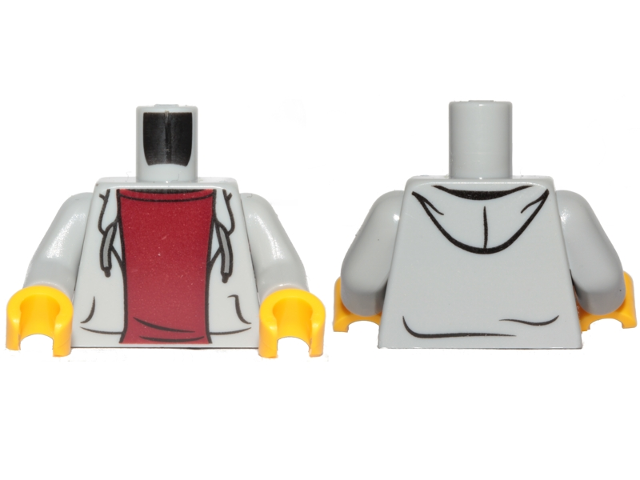 Display of LEGO part no. 973pb2066c02 Torso Hooded Sweatshirt Open with Drawstrings over Dark Red Top Pattern / Arms / Yellow Hands  which is a Light Bluish Gray Torso Hooded Sweatshirt Open with Drawstrings over Dark Red Top Pattern / Arms / Yellow Hands 