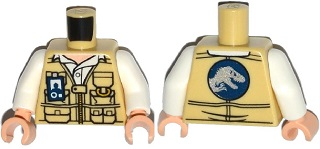 Display of LEGO part no. 973pb2067c01 Torso Vest with Zipper, Pockets and ID Badge, Jurassic World Logo on Reverse Pattern / White Arms / Light Nougat Hands  which is a Tan Torso Vest with Zipper, Pockets and ID Badge, Jurassic World Logo on Reverse Pattern / White Arms / Light Nougat Hands 