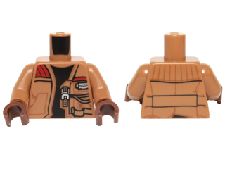 Display of LEGO part no. 973pb2119c01 Torso SW Jacket with Pockets, Zipper and Gadgets, Black Undershirt Pattern / Arms / Reddish Brown Hands  which is a Medium Nougat Torso SW Jacket with Pockets, Zipper and Gadgets, Black Undershirt Pattern / Arms / Reddish Brown Hands 