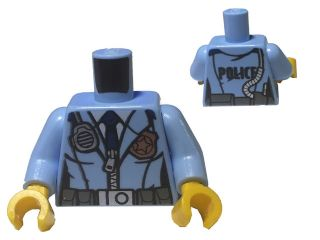 Display of LEGO part no. 973pb2161c01 which is a Bright Light Blue Torso Police Female Jacket with Zipper, Dark Blue Tie, Gold Badge, Radio and 'POLICE' Pattern on Reverse / Arms / Yellow Hands 