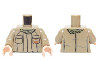 Display of LEGO part no. 973pb2217c01 which is a Dark Tan Torso SW Jacket with Rebel Logo, 2 Pockets and Olive Green Scarf Pattern / Arms / Light Nougat Hands 