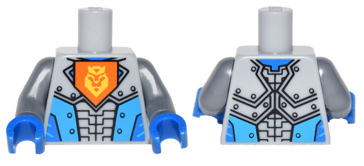 Display of LEGO part no. 973pb2256c02 Torso Nexo Knights Armor with Orange Emblem with Yellow Crowned Lion, Dark Azure Panels Pattern / Flat Silver Arms / Blue Hands  which is a Light Bluish Gray Torso Nexo Knights Armor with Orange Emblem with Yellow Crowned Lion, Dark Azure Panels Pattern / Flat Silver Arms / Blue Hands 