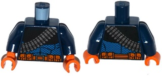 Display of LEGO part no. 973pb2263c01 Torso Batman Bandolier and Orange Belt with Pouches Pattern / Arms / Orange Hands  which is a Dark Blue Torso Batman Bandolier and Orange Belt with Pouches Pattern / Arms / Orange Hands 