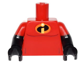 Display of LEGO part no. 973pb2318c01 which is a Red Torso Muscles Outline with Incredibles Logo Pattern / Black Arms with Molded Short Sleeves Pattern / Black Hands 