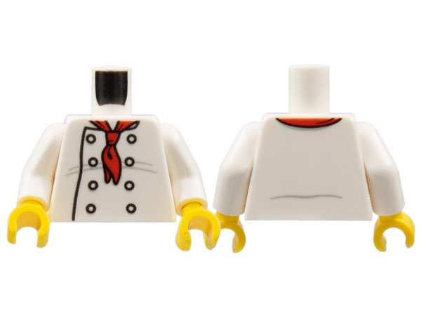 Display of LEGO part no. 973pb2335c01 which is a White Torso Chef with 8 Buttons, Long Red Neckerchief, Light Bluish Gray Wrinkles and Back Print Pattern / Arms / Yellow Hands 