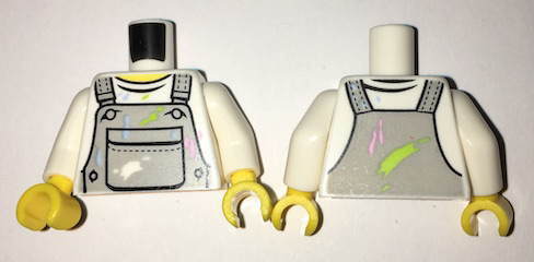 Display of LEGO part no. 973pb2338c01 Torso Crew Neck Shirt with Light Bluish Gray Overalls with Breast Pocket and Paint Stains Pattern / Arms / Yellow Hands  which is a White Torso Crew Neck Shirt with Light Bluish Gray Overalls with Breast Pocket and Paint Stains Pattern / Arms / Yellow Hands 