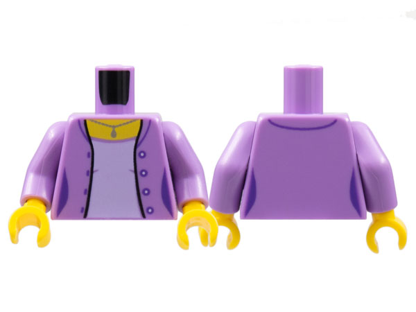 Display of LEGO part no. 973pb2341c01 Torso Female Open Jacket with 4 Buttons, Silver Pendant Necklace, Lavender Shirt Pattern / Arms / Yellow Hands  which is a Medium Lavender Torso Female Open Jacket with 4 Buttons, Silver Pendant Necklace, Lavender Shirt Pattern / Arms / Yellow Hands 