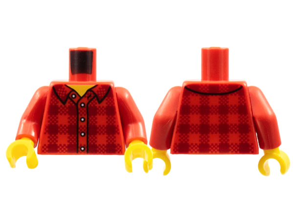 Display of LEGO part no. 973pb2343c01 Torso Plaid Flannel Shirt with Collar and 5 Buttons Pattern / Arms / Yellow Hands  which is a Red Torso Plaid Flannel Shirt with Collar and 5 Buttons Pattern / Arms / Yellow Hands 