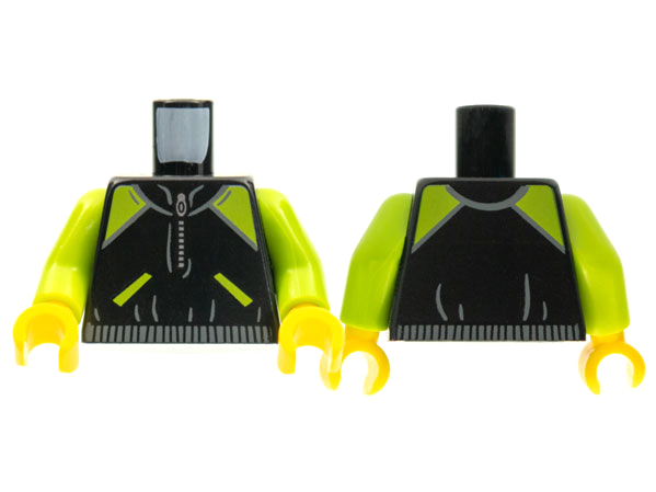 Display of LEGO part no. 973pb2347c01 Torso Jacket with Lime Shoulders, Zipper, Lime Pockets, Printed Back Pattern / Lime Arms / Yellow Hands  which is a Black Torso Jacket with Lime Shoulders, Zipper, Lime Pockets, Printed Back Pattern / Lime Arms / Yellow Hands 