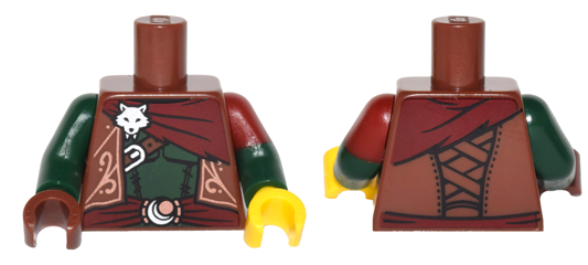 Display of LEGO part no. 973pb2397c01 which is a Reddish Brown Torso Vest Ornate, Sash, Silver Wolf / Fox Head Pattern / Dark Green Arm Left with Dark Red Short Sleeve Pattern / Dark Green Arm Right / Yellow Hand Left / Hand Right 