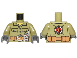 Display of LEGO part no. 973pb2454c01 Torso Volcano Explorer Shirt with Belt and Radio Front, Volcano Logo Back Pattern / Arms / Dark Bluish Gray Hands  which is a Olive Green Torso Volcano Explorer Shirt with Belt and Radio Front, Volcano Logo Back Pattern / Arms / Dark Bluish Gray Hands 