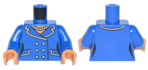 Display of LEGO part no. 973pb2599c01 which is a Blue Torso Batman Female Outline Suit with Lapels, Pockets, Buttons and Pearl Necklace Pattern / Arms / Nougat Hands 