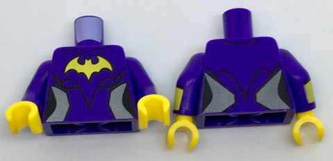 Display of LEGO part no. 973pb2624c01 which is a Dark Purple Torso Female Outline with Yellow Bat and Silver Side Trim Pattern / Arms with Yellow Cuffs Pattern / Yellow Hands 