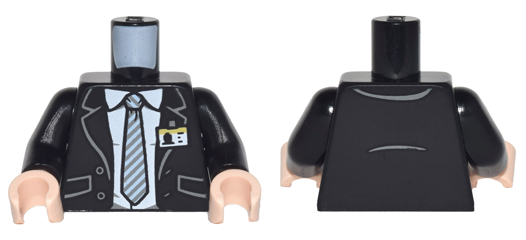 Display of LEGO part no. 973pb2647c01 Torso Suit with Pockets and Buttons over White Shirt with Collar and Gray Striped Tie and ID Badge Pattern / Arms / Light Nougat Hands  which is a Black Torso Suit with Pockets and Buttons over White Shirt with Collar and Gray Striped Tie and ID Badge Pattern / Arms / Light Nougat Hands 