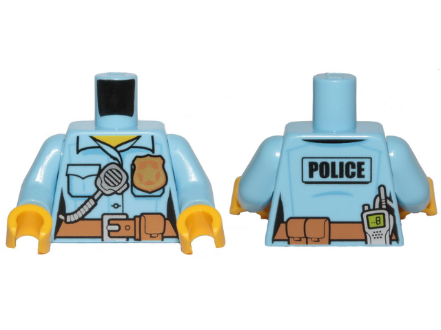 Display of LEGO part no. 973pb2663c01 Torso Police Female Shirt with Gold Badge, Dark Tan Belt with Pocket and 'POLICE' and Radio on Back Pattern / Arms / Yellow Hands  which is a Bright Light Blue Torso Police Female Shirt with Gold Badge, Dark Tan Belt with Pocket and 'POLICE' and Radio on Back Pattern / Arms / Yellow Hands 