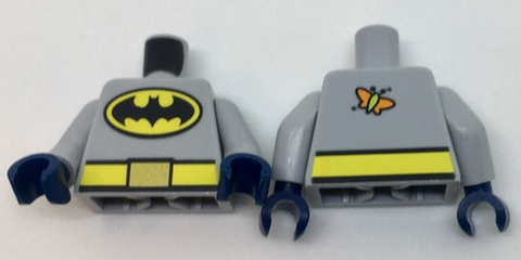 Display of LEGO part no. 973pb2679c01 Torso Batman Logo in Yellow Oval, Yellow Belt with Gold Buckle, Orange and Lime Moth on Back Pattern / Arms / Dark Blue Hands  which is a Light Bluish Gray Torso Batman Logo in Yellow Oval, Yellow Belt with Gold Buckle, Orange and Lime Moth on Back Pattern / Arms / Dark Blue Hands 