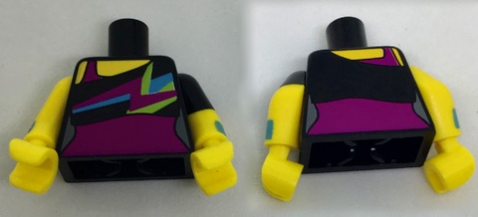 Display of LEGO part no. 973pb2697c01 which is a Black Torso Bare Shoulder Top with Spiky Colors over Magenta Leotard Pattern / Yellow Arms with Wristbands and Left Short Sleeve / Yellow Hands 