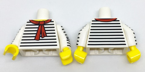 Display of LEGO part no. 973pb2699c01 which is a White Torso Black Thin Stripes, Red Scarf Front and Back Pattern / Arms with Black Thin Stripes Pattern / Yellow Hands 