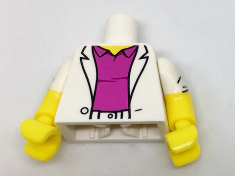 Display of LEGO part no. 973pb2702c01 Torso Sport Jacket over Dark Pink Polo Shirt Pattern / Yellow Arms with Rolled Up Sleeves Pattern / Yellow Hands  which is a White Torso Sport Jacket over Dark Pink Polo Shirt Pattern / Yellow Arms with Rolled Up Sleeves Pattern / Yellow Hands 
