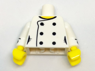 Display of LEGO part no. 973pb2708c01 which is a White Torso Female Chef with 6 Black Buttons and Yellow Neck Pattern / Arms with Black Cuffs and Buttons Pattern / Yellow Hands 