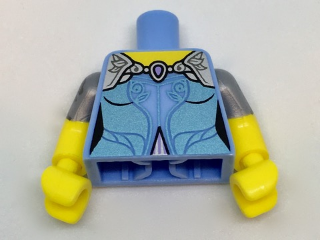 Display of LEGO part no. 973pb2709c01 which is a Bright Light Blue Torso Dress with Yellow Neck, Lavender Shoulders and Metallic Trim Pattern / Yellow Arms with Flat Silver Short Sleeves with Flower / Yellow Hands 