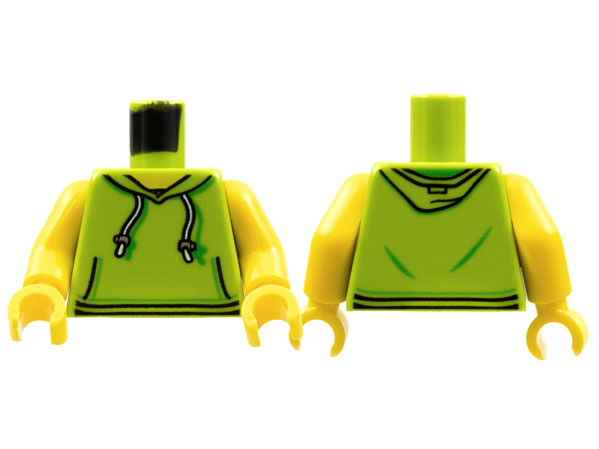Display of LEGO part no. 973pb2735c01 Torso Hoodie with White Drawstrings, Silver Adjusters and Kangaroo Pockets Pattern / Yellow Arms / Yellow Hands  which is a Lime Torso Hoodie with White Drawstrings, Silver Adjusters and Kangaroo Pockets Pattern / Yellow Arms / Yellow Hands 