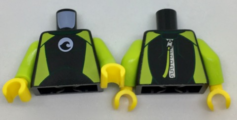 Display of LEGO part no. 973pb2739c01 Torso Wetsuit with White Logo, Lime Sides and Silver Zipper with Cord on Back Pattern / Lime Arms / Yellow Hands  which is a Black Torso Wetsuit with White Logo, Lime Sides and Silver Zipper with Cord on Back Pattern / Lime Arms / Yellow Hands 