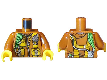 Display of LEGO part no. 973pb2756c01 Torso Jacket with Bright Light Orange Pouches, Silver Radio and Bright Green Rope Pattern / Arms / Yellow Hands  which is a Dark Orange Torso Jacket with Bright Light Orange Pouches, Silver Radio and Bright Green Rope Pattern / Arms / Yellow Hands 