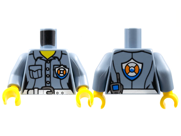 Display of LEGO part no. 973pb2775c01 Torso Coast Guard Female Shirt with Buttons, Pockets, White Belt and Badge Pattern / Arms / Yellow Hands  which is a Sand Blue Torso Coast Guard Female Shirt with Buttons, Pockets, White Belt and Badge Pattern / Arms / Yellow Hands 