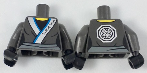 Display of LEGO part no. 973pb2804c01 Torso Ninjago Female Robe with Ninjago Logogram 'WATER', Silver Medallion Pattern / Arms with Silver Elbow Pads Pattern / Black Hands  which is a Pearl Dark Gray Torso Ninjago Female Robe with Ninjago Logogram 'WATER', Silver Medallion Pattern / Arms with Silver Elbow Pads Pattern / Black Hands 