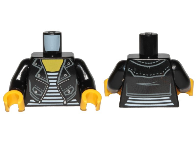 Display of LEGO part no. 973pb2828c01 Torso Female Leather Jacket with Silver Snaps and Zipper over White Striped Shirt Pattern / Arms / Yellow Hands  which is a Black Torso Female Leather Jacket with Silver Snaps and Zipper over White Striped Shirt Pattern / Arms / Yellow Hands 