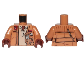 Display of LEGO part no. 973pb2830c01 Torso SW Jacket Worn with Pockets, Zipper and Gadgets, Tan Undershirt Pattern / Arms / Reddish Brown Hands  which is a Medium Nougat Torso SW Jacket Worn with Pockets, Zipper and Gadgets, Tan Undershirt Pattern / Arms / Reddish Brown Hands 