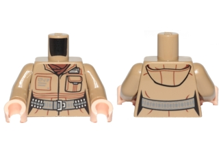 Display of LEGO part no. 973pb2833c01 Torso Female SW Jacket with Pocket and Gray Utility Belt Pattern (Rose) / Arms / Light Nougat Hands  which is a Dark Tan Torso Female SW Jacket with Pocket and Gray Utility Belt Pattern (Rose) / Arms / Light Nougat Hands 