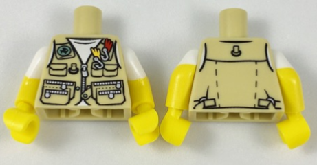 Display of LEGO part no. 973pb2836c01 which is a Tan Torso Vest with Zipper, Pockets, Fish Sign and Fishing Hooks Pattern / Yellow Arms with Molded White Short Sleeves Pattern / Yellow Hands 