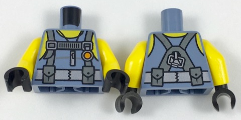 Display of LEGO part no. 973pb2847c01 Torso Scuba Suit with Utility Belt with 2 Pouches, Yellow Neck and Shoulders Pattern / Yellow Arms / Black Hands  which is a Sand Blue Torso Scuba Suit with Utility Belt with 2 Pouches, Yellow Neck and Shoulders Pattern / Yellow Arms / Black Hands 