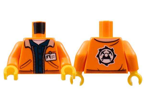 Display of LEGO part no. 973pb2920c01 Torso Town Jacket with Pockets Over Dark Blue Shirt with Name Tag and Miners Logo on Back Pattern / Arms / Yellow Hands  which is a Orange Torso Town Jacket with Pockets Over Dark Blue Shirt with Name Tag and Miners Logo on Back Pattern / Arms / Yellow Hands 