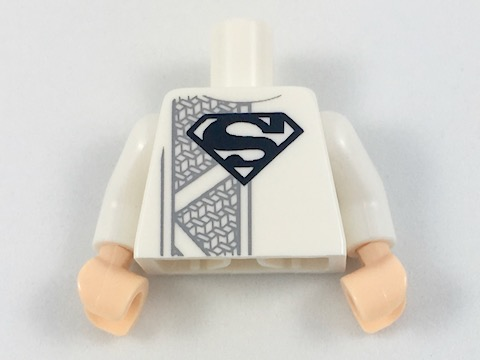 Display of LEGO part no. 973pb2936c01 which is a White Torso Robe with Black Superman 'S' Logo and Dark Bluish Gray Mesh Stripe Pattern / Arms / Light Nougat Hands 
