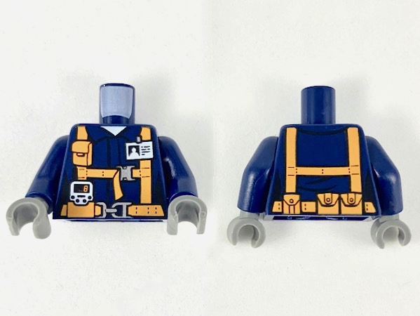 Display of LEGO part no. 973pb2991c01 Torso Town Miners Shirt with Orange Suspender Straps Pattern with Radio and ID Badge / Arms / Dark Bluish Gray Hands  which is a Dark Blue Torso Town Miners Shirt with Orange Suspender Straps Pattern with Radio and ID Badge / Arms / Dark Bluish Gray Hands 