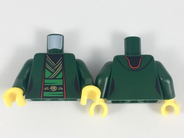 Display of LEGO part no. 973pb3024c01 which is a Dark Green Torso Ninjago Female Robe over Bright Green Tunic with Sash and Black and Gold Trim Pattern / Arms / Yellow Hands 