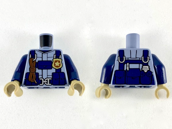 Display of LEGO part no. 973pb3029c01 Torso Helicopter Pilot, Jacket with Harness and Police Star Badge Pattern / Dark Blue Arms / Dark Tan Hands  which is a Sand Blue Torso Helicopter Pilot, Jacket with Harness and Police Star Badge Pattern / Dark Blue Arms / Dark Tan Hands 